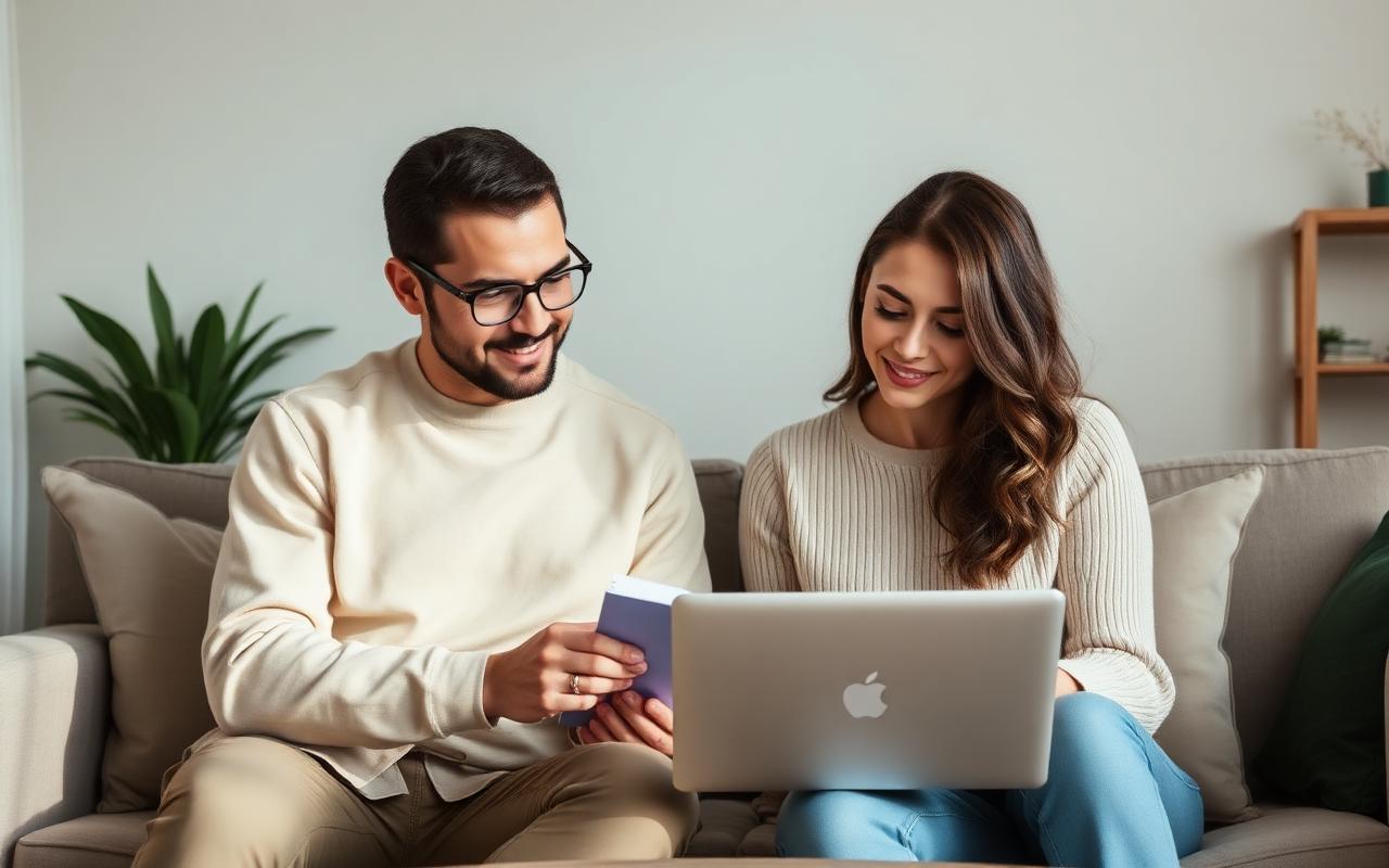 Casal planejando objetivos financeiros com laptop em casa
