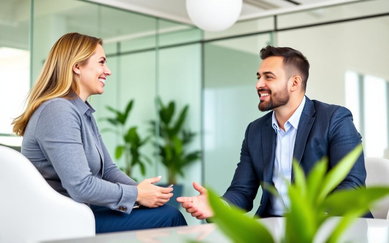 Cliente sorrindo durante consulta com consultor financeiro